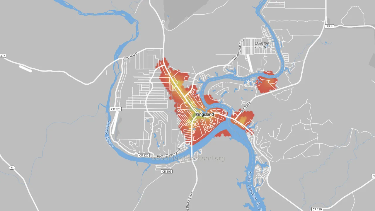 Walk Grade map of 78639, TX, walkable areas in green and car-dependent areas in red