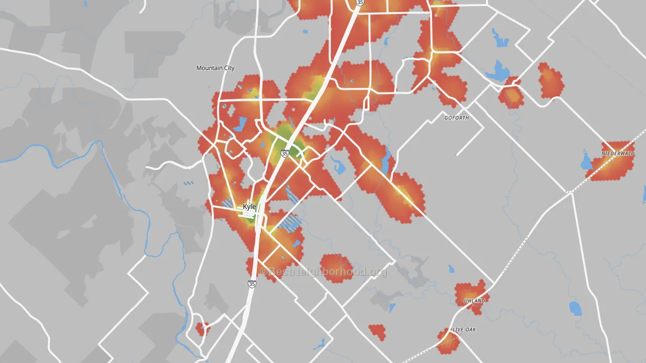 Walk Grade map of 78640, TX, walkable areas in green and car-dependent areas in red