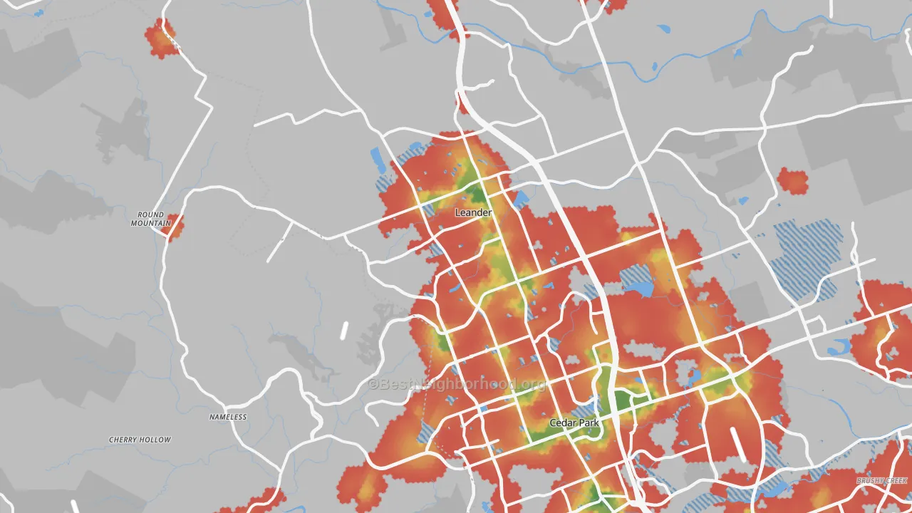 Walk Grade map of 78641, TX, walkable areas in green and car-dependent areas in red
