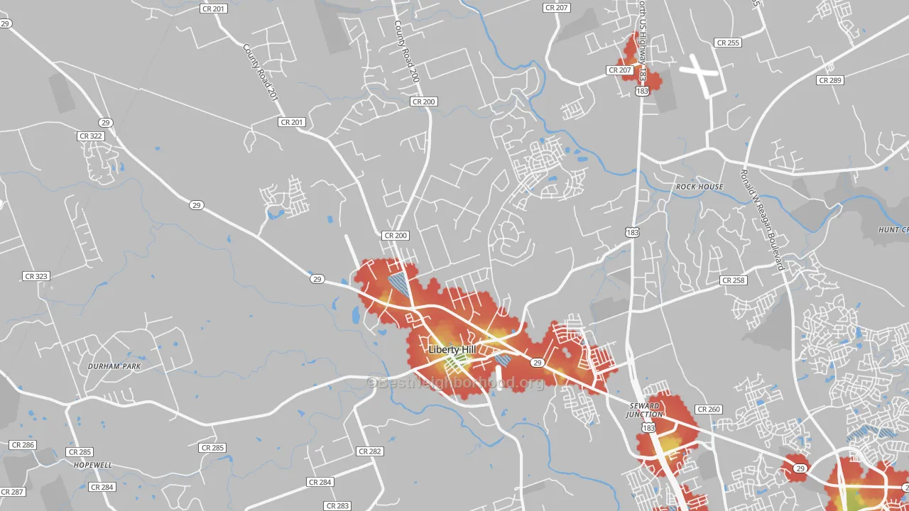 Walk Grade map of 78642, TX, walkable areas in green and car-dependent areas in red