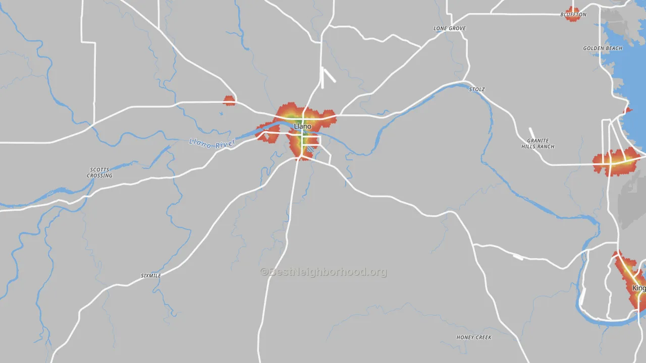 Walk Grade map of 78643, TX, walkable areas in green and car-dependent areas in red