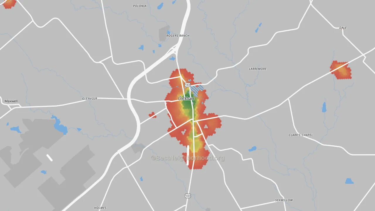 Walk Grade map of 78644, TX, walkable areas in green and car-dependent areas in red