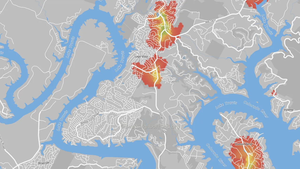 Walk Grade map of 78645, TX, walkable areas in green and car-dependent areas in red