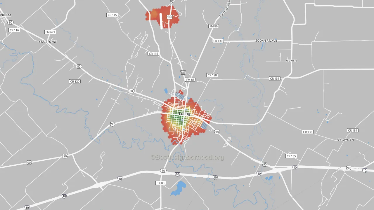 Walk Grade map of 78648, TX, walkable areas in green and car-dependent areas in red