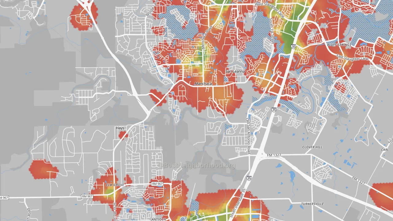 Walk Grade map of 78652, TX, walkable areas in green and car-dependent areas in red