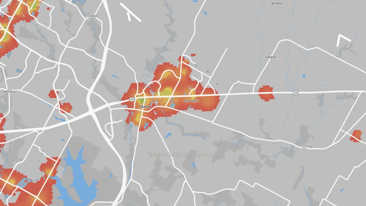 Walk Grade map of 78653, TX, walkable areas in green and car-dependent areas in red