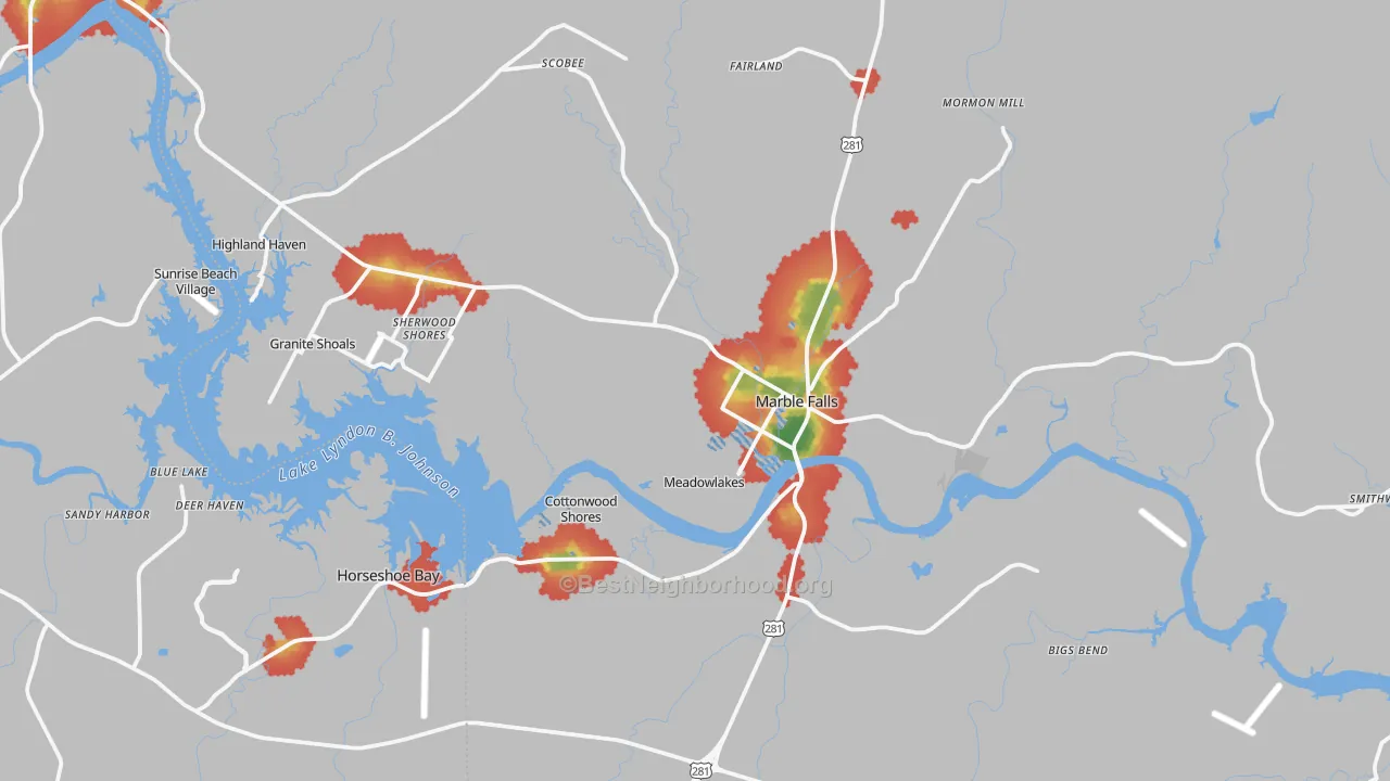 Walk Grade map of 78654, TX, walkable areas in green and car-dependent areas in red