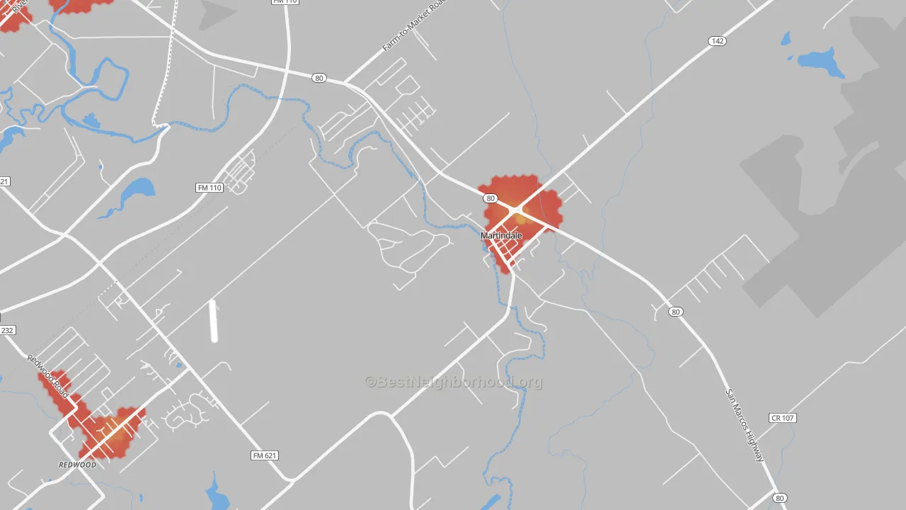 Walk Grade map of 78655, TX, walkable areas in green and car-dependent areas in red