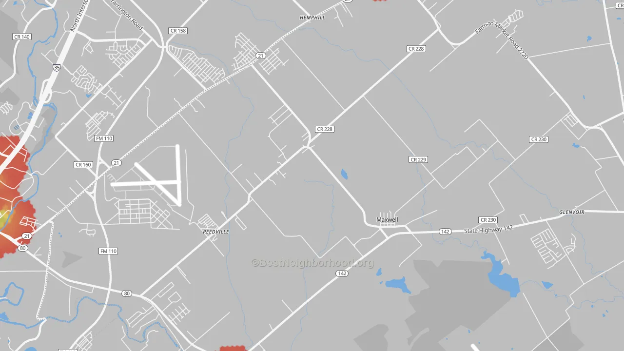 Walk Grade map of 78656, TX, walkable areas in green and car-dependent areas in red