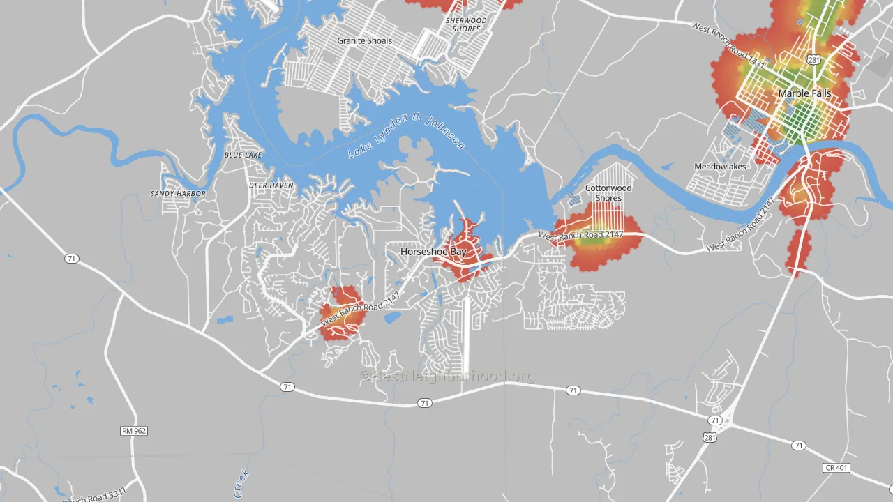 Walk Grade map of 78657, TX, walkable areas in green and car-dependent areas in red