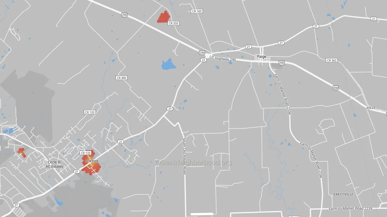 Walk Grade map of 78659, TX, walkable areas in green and car-dependent areas in red