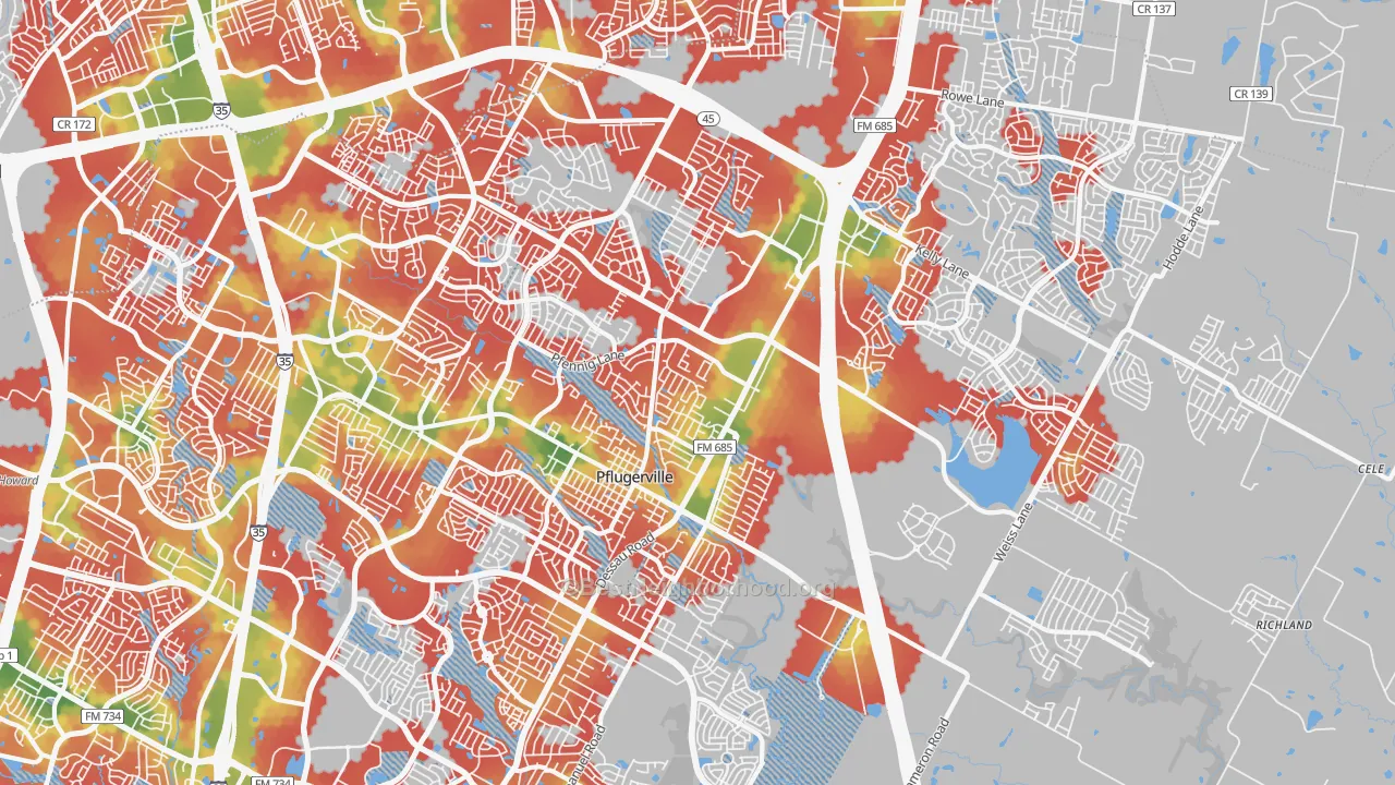 Walk Grade map of 78660, TX, walkable areas in green and car-dependent areas in red