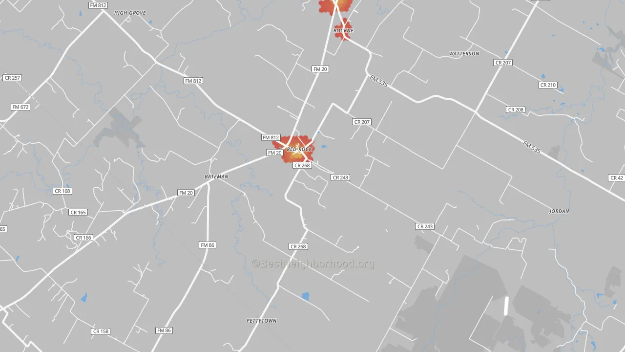 Walk Grade map of 78662, TX, walkable areas in green and car-dependent areas in red