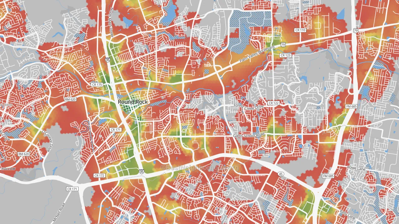Walk Grade map of 78664, TX, walkable areas in green and car-dependent areas in red