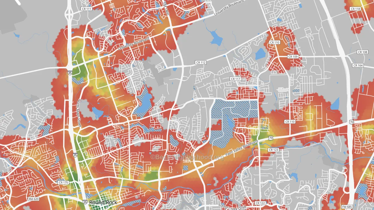 Walk Grade map of 78665, TX, walkable areas in green and car-dependent areas in red