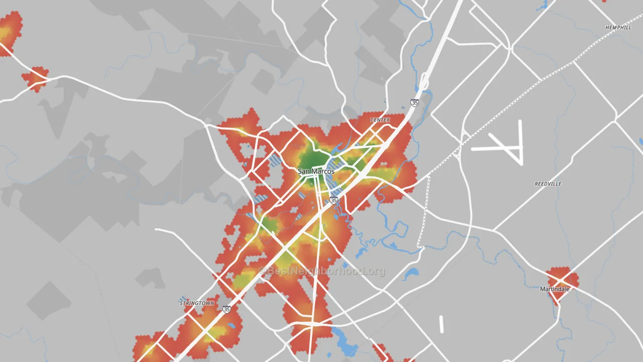 Walk Grade map of 78666, TX, walkable areas in green and car-dependent areas in red