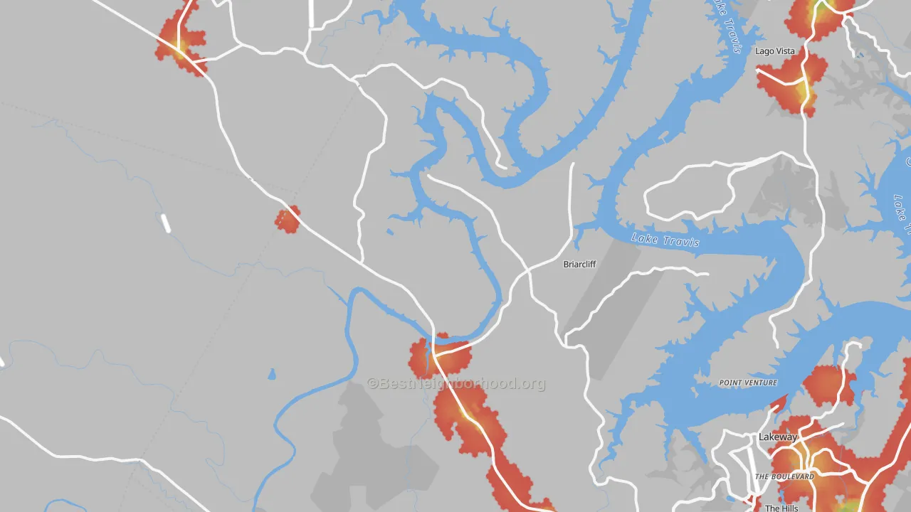 Walk Grade map of 78669, TX, walkable areas in green and car-dependent areas in red