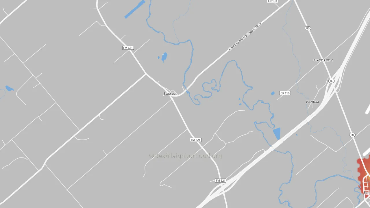 Walk Grade map of 78670, TX, walkable areas in green and car-dependent areas in red