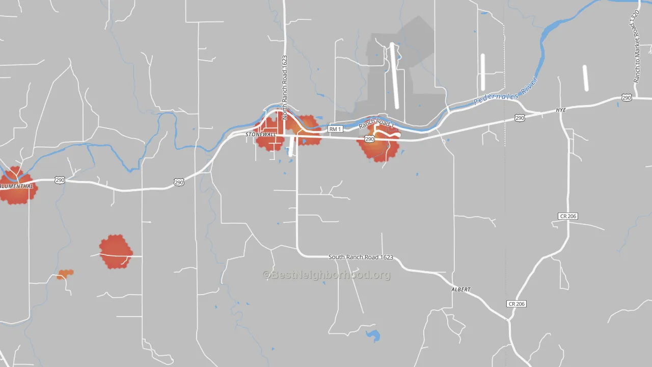 Walk Grade map of 78671, TX, walkable areas in green and car-dependent areas in red