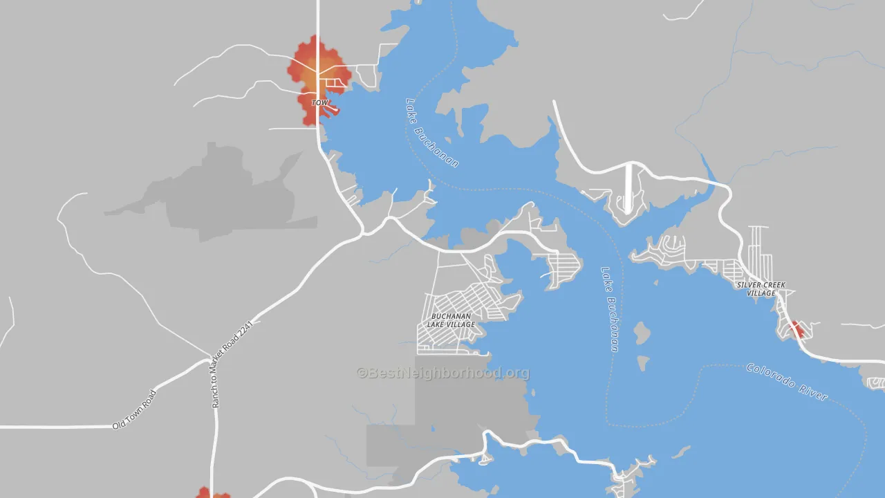 Walk Grade map of 78672, TX, walkable areas in green and car-dependent areas in red