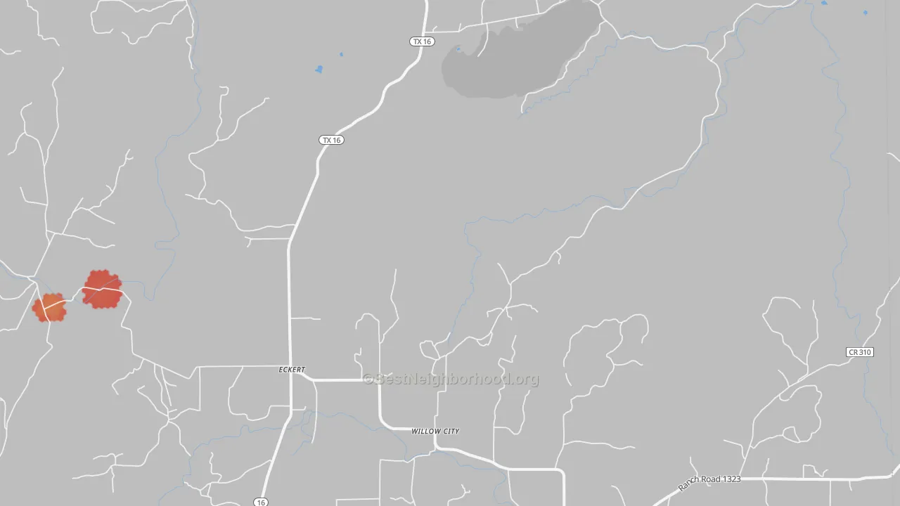 Walk Grade map of 78675, TX, walkable areas in green and car-dependent areas in red