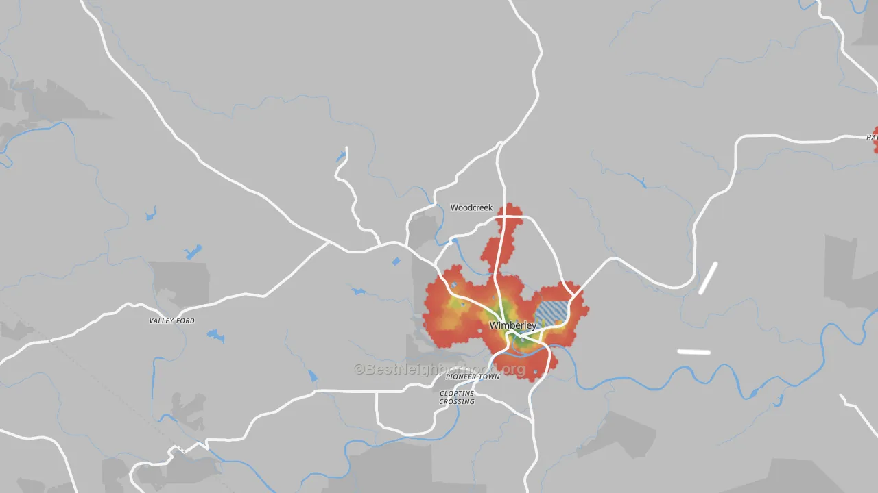 Walk Grade map of 78676, TX, walkable areas in green and car-dependent areas in red