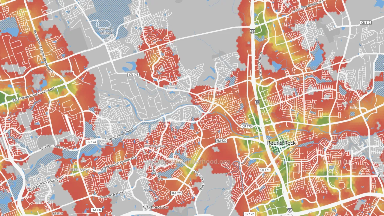 Walk Grade map of 78681, TX, walkable areas in green and car-dependent areas in red