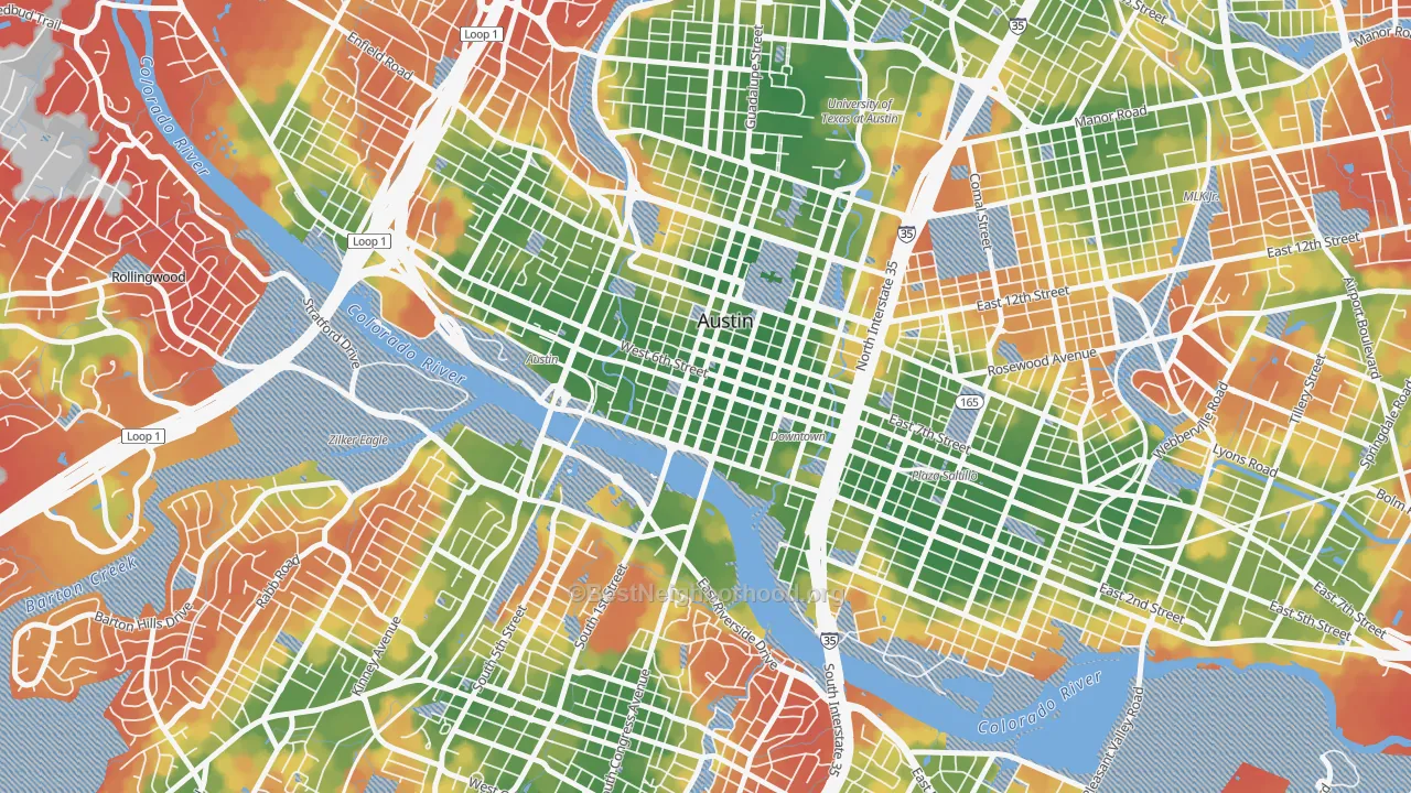 Walk Grade map of 78701, TX, walkable areas in green and car-dependent areas in red