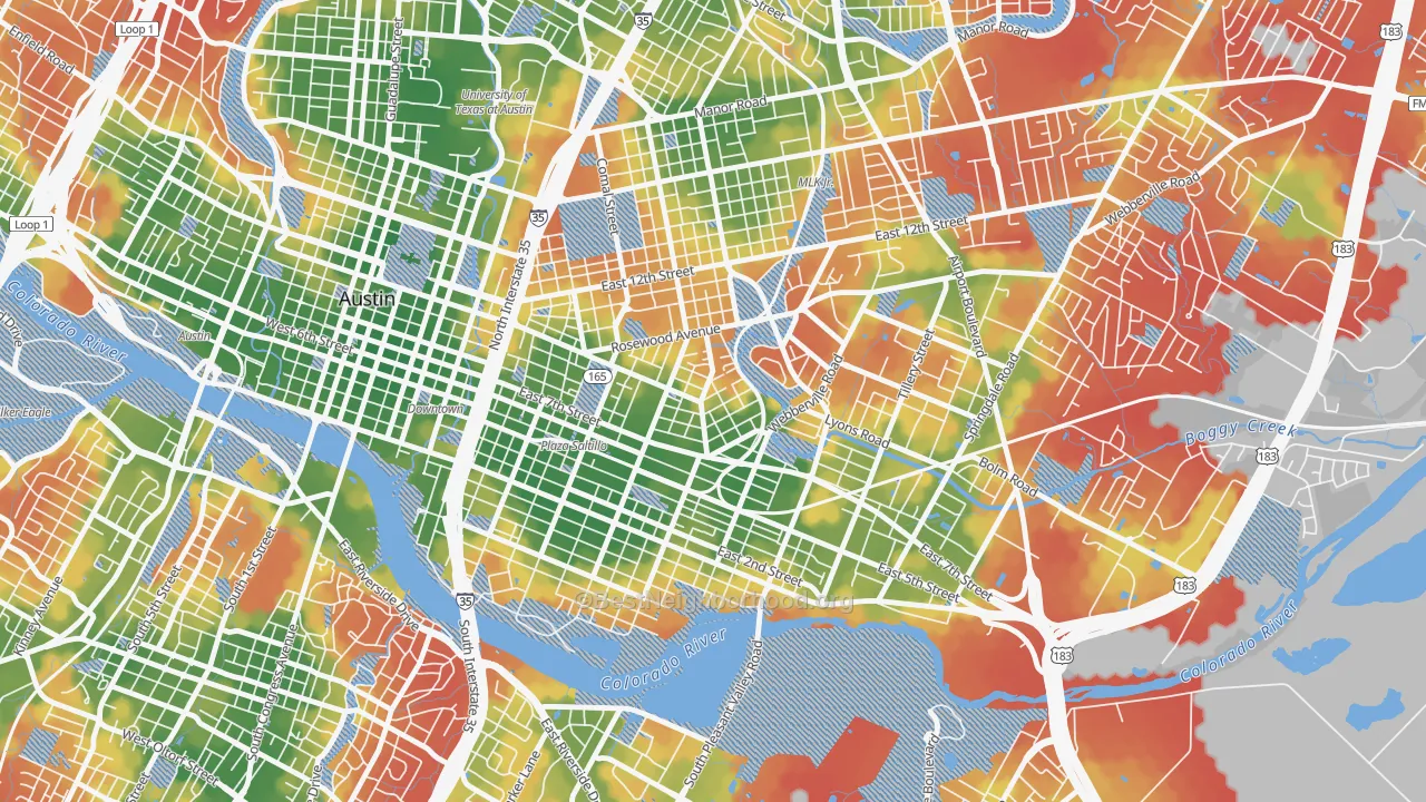 Walk Grade map of 78702, TX, walkable areas in green and car-dependent areas in red