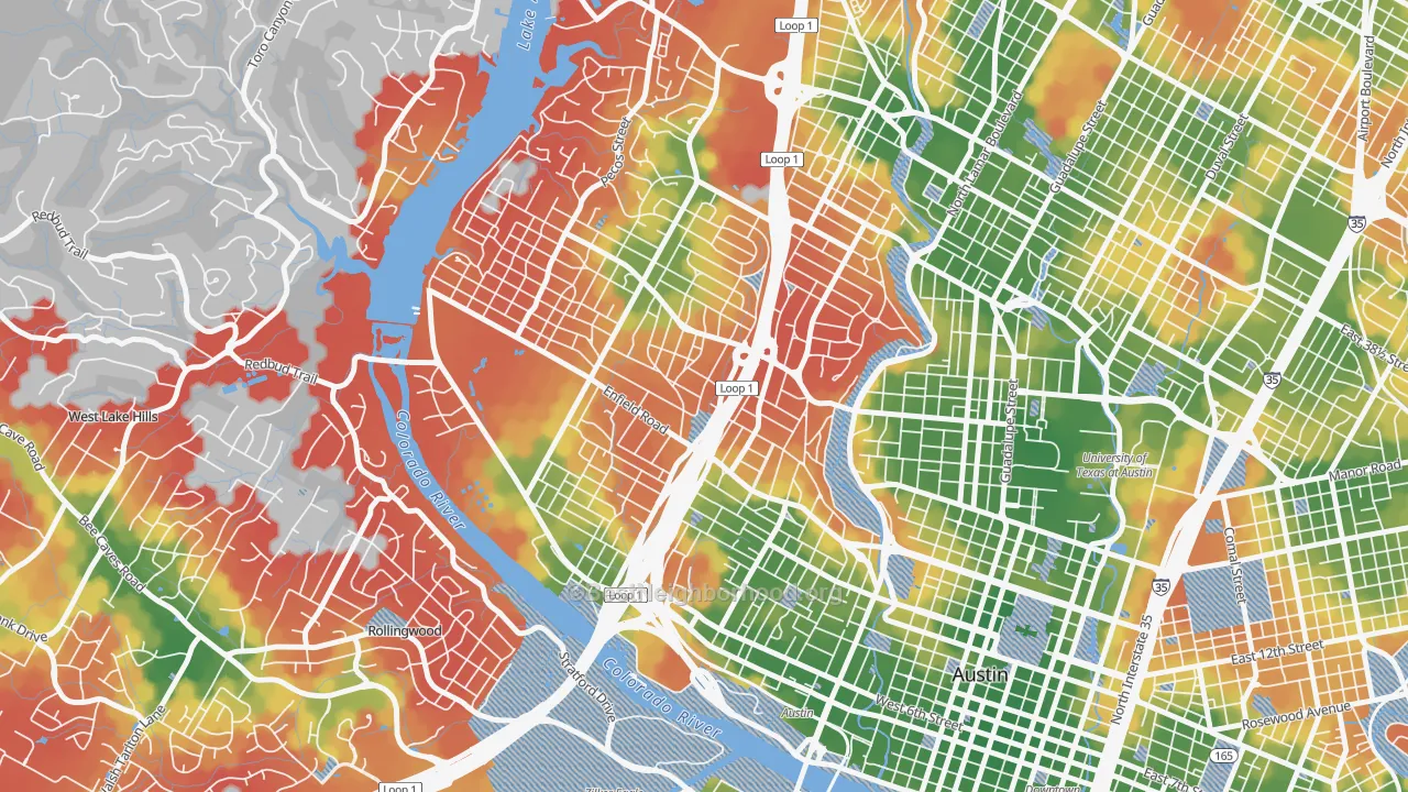 Walk Grade map of 78703, TX, walkable areas in green and car-dependent areas in red