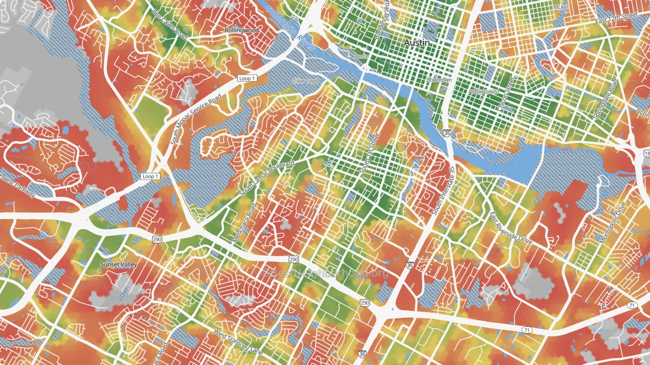 Walk Grade map of 78704, TX, walkable areas in green and car-dependent areas in red