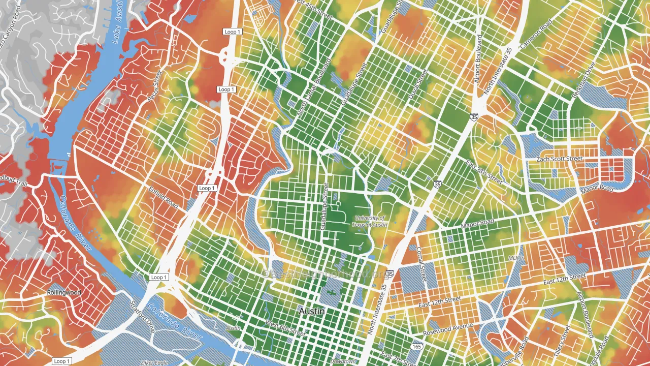 Walk Grade map of 78705, TX, walkable areas in green and car-dependent areas in red