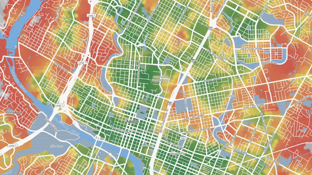 Walk Grade map of 78712, TX, walkable areas in green and car-dependent areas in red