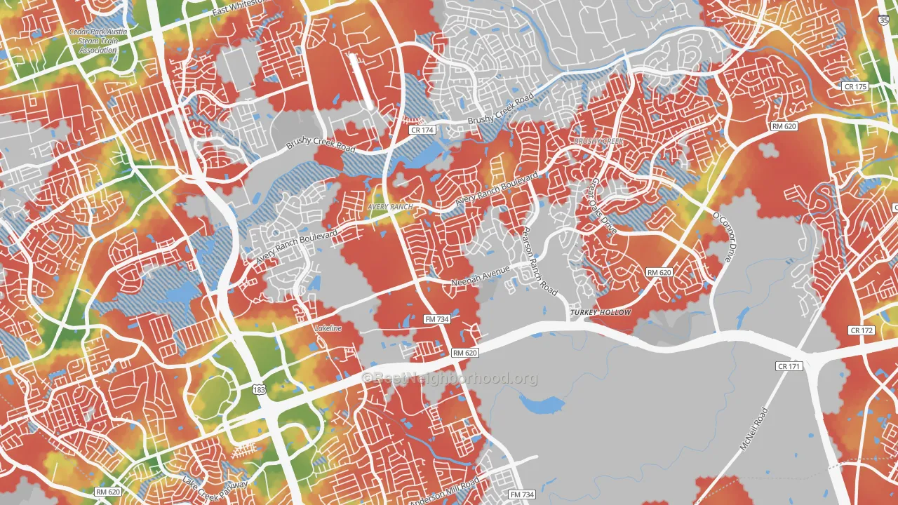 Walk Grade map of 78717, TX, walkable areas in green and car-dependent areas in red