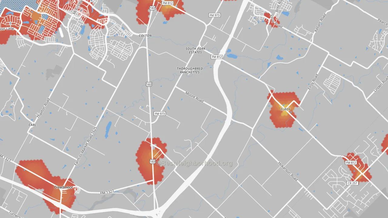 Walk Grade map of 78719, TX, walkable areas in green and car-dependent areas in red