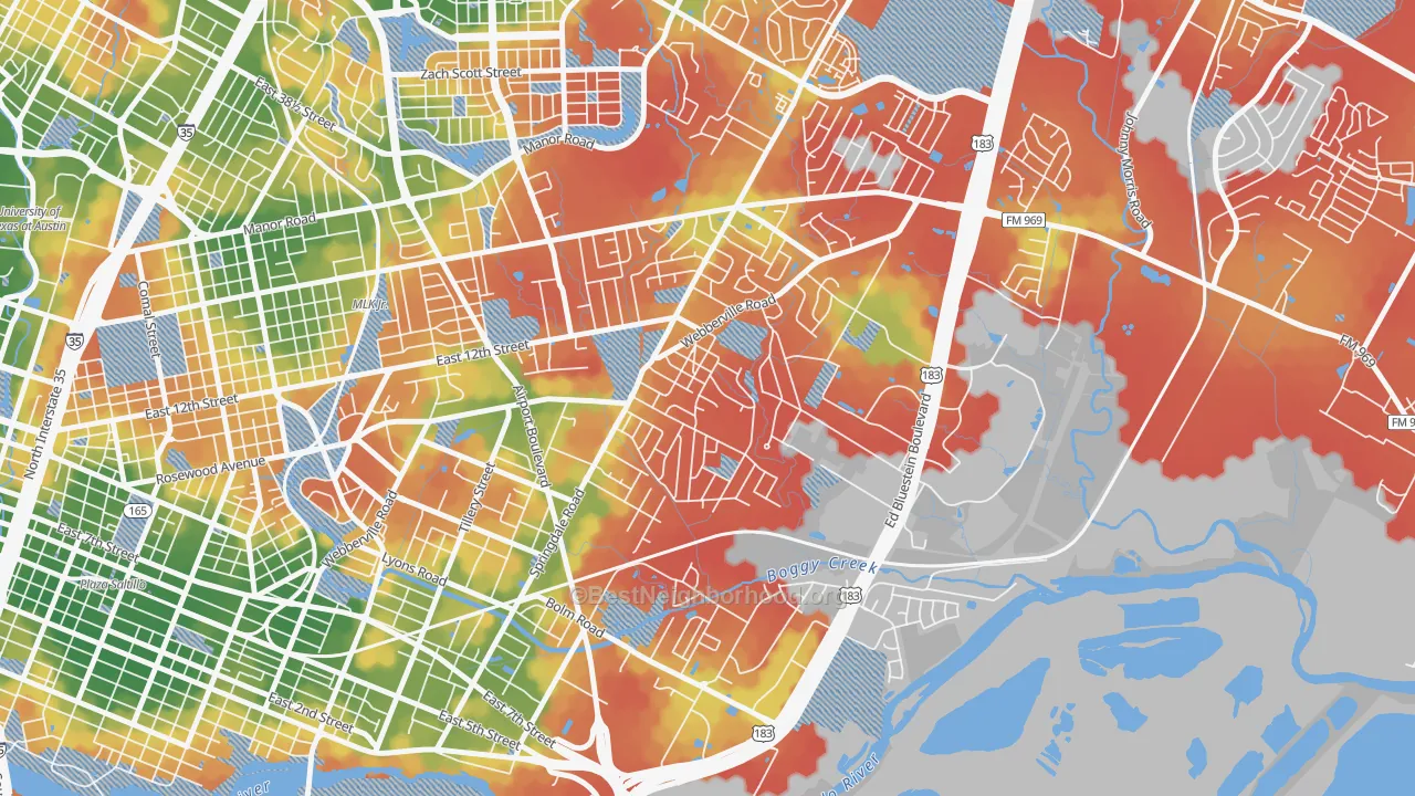 Walk Grade map of 78721, TX, walkable areas in green and car-dependent areas in red