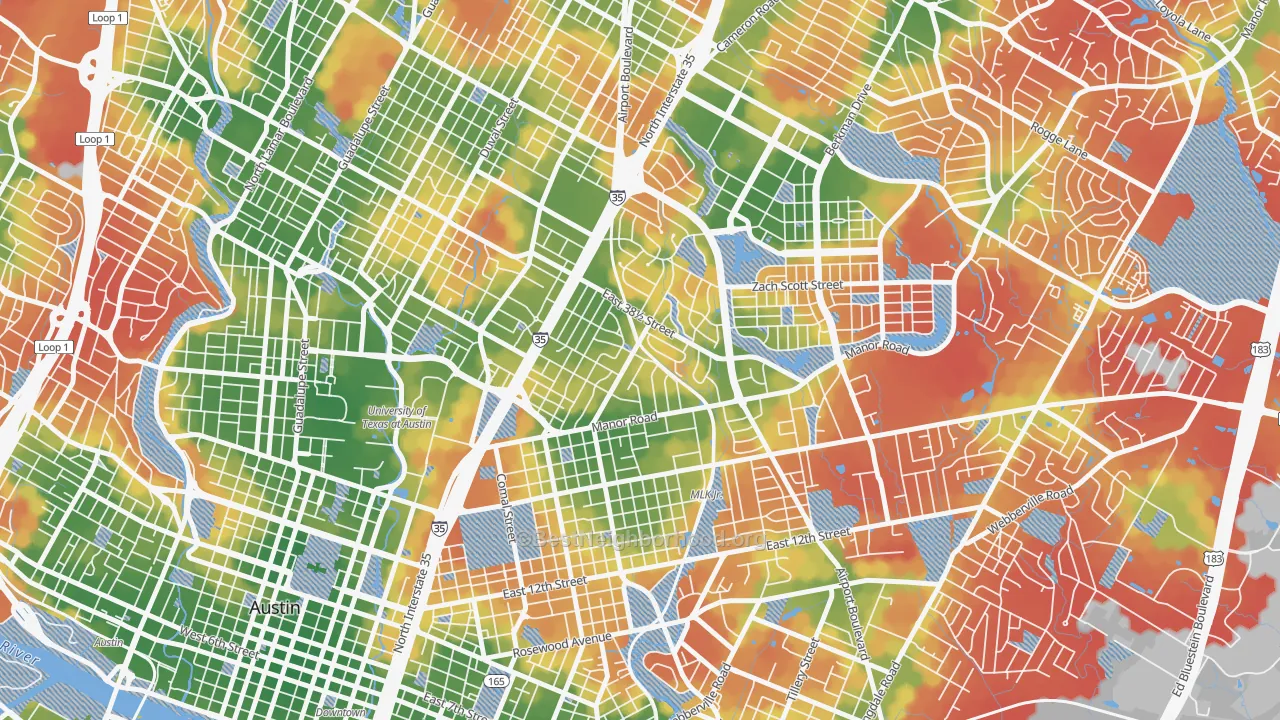 Walk Grade map of 78722, TX, walkable areas in green and car-dependent areas in red