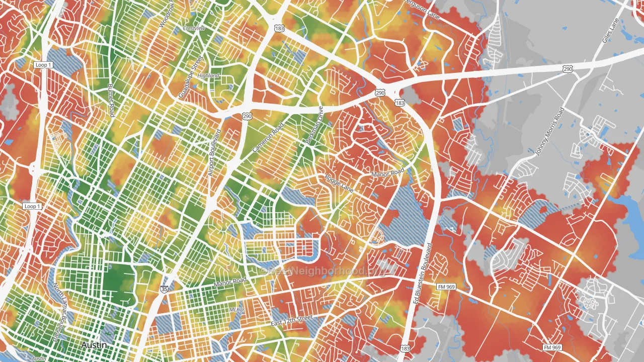 Walk Grade map of 78723, TX, walkable areas in green and car-dependent areas in red