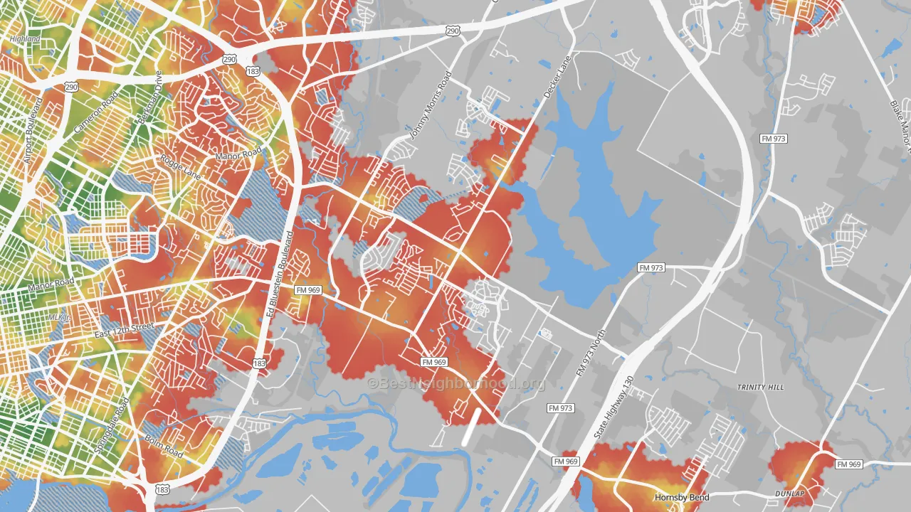 Walk Grade map of 78724, TX, walkable areas in green and car-dependent areas in red