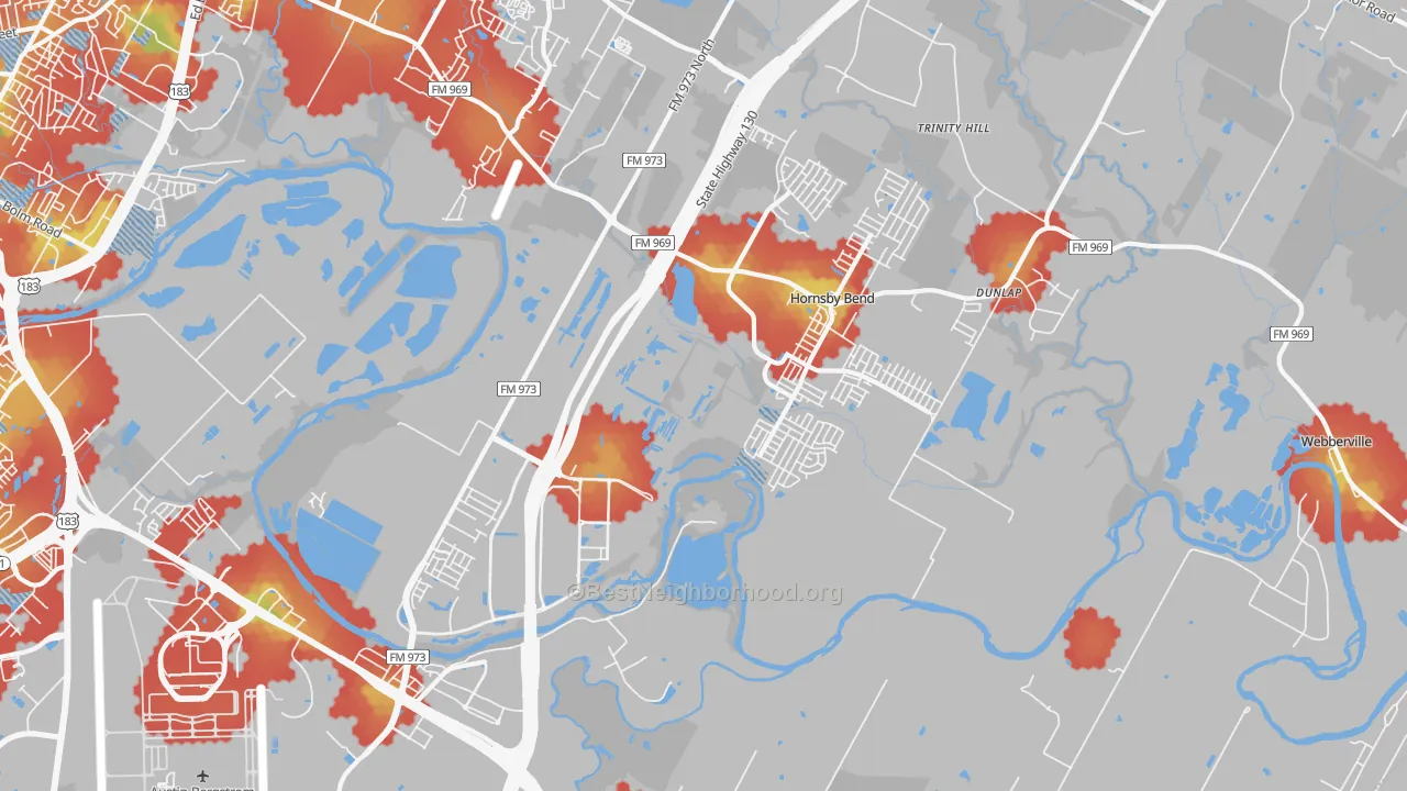 Walk Grade map of 78725, TX, walkable areas in green and car-dependent areas in red