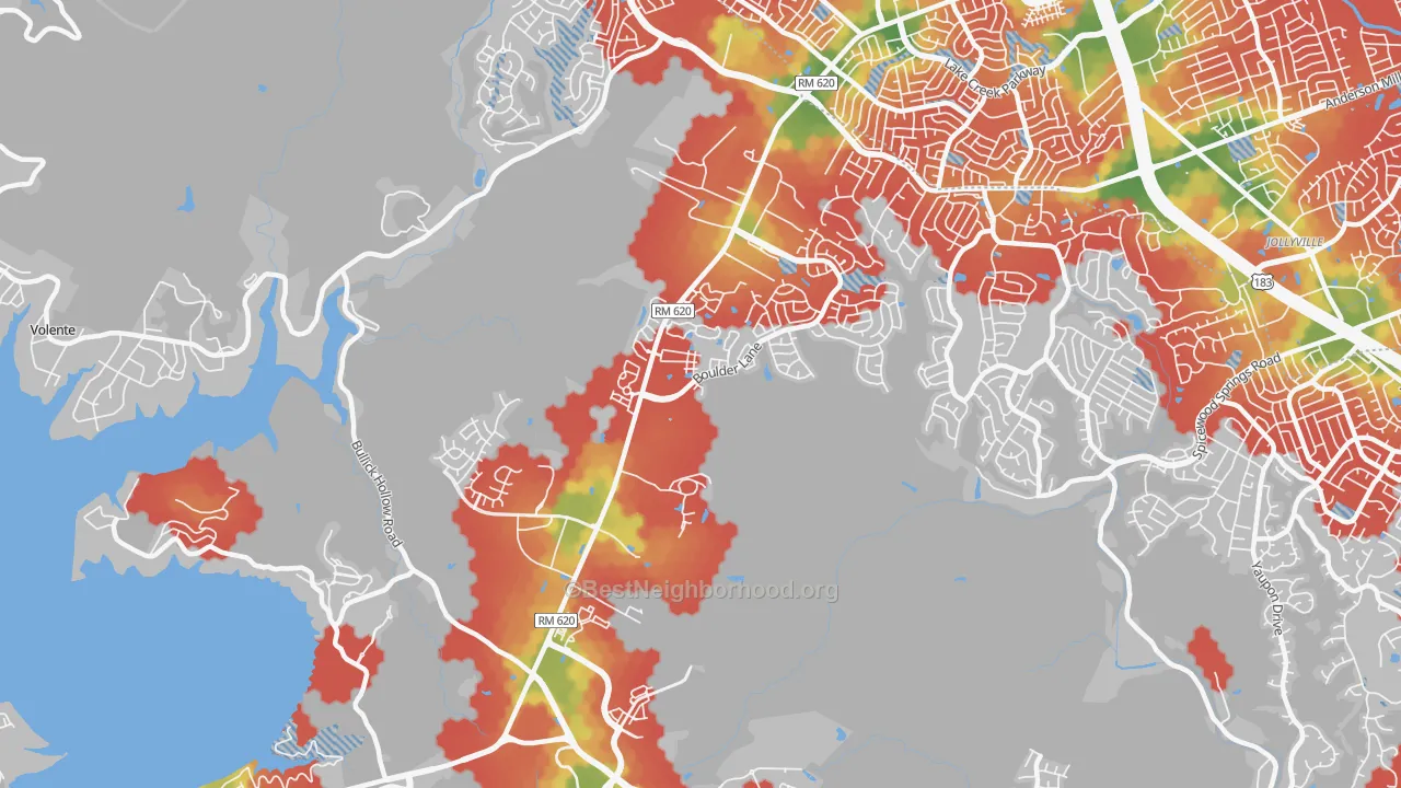 Walk Grade map of 78726, TX, walkable areas in green and car-dependent areas in red