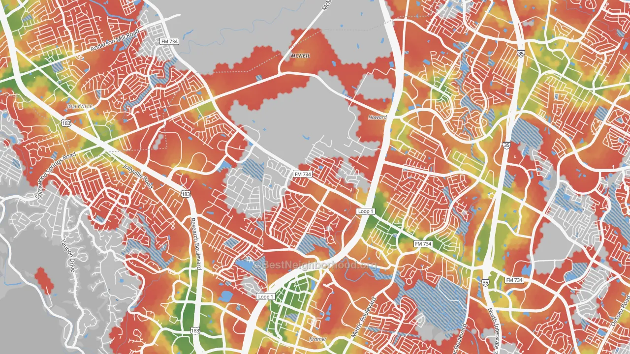 Walk Grade map of 78727, TX, walkable areas in green and car-dependent areas in red