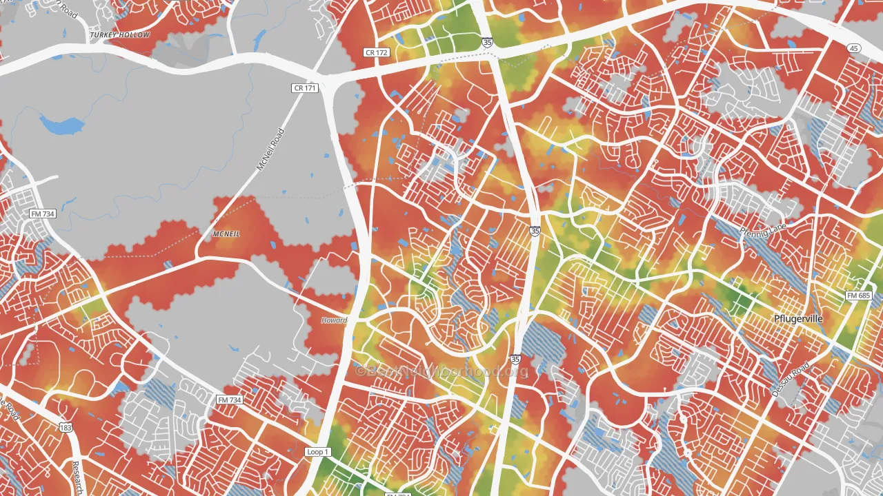 Walk Grade map of 78728, TX, walkable areas in green and car-dependent areas in red