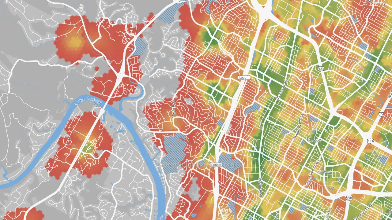 Walk Grade map of 78731, TX, walkable areas in green and car-dependent areas in red
