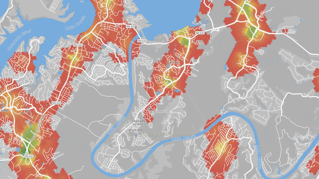 Walk Grade map of 78732, TX, walkable areas in green and car-dependent areas in red