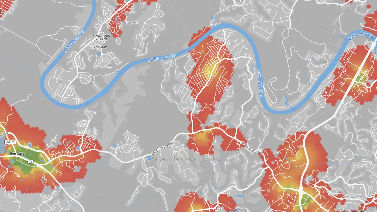 Walk Grade map of 78733, TX, walkable areas in green and car-dependent areas in red