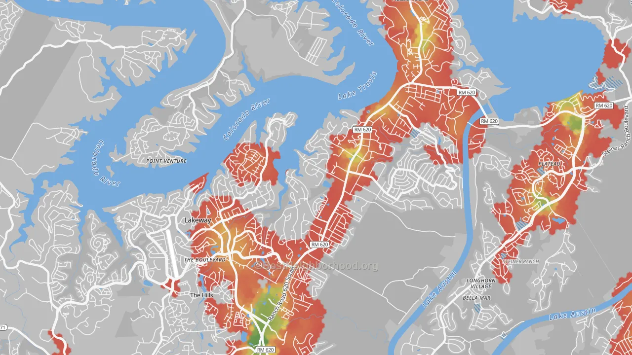 Walk Grade map of 78734, TX, walkable areas in green and car-dependent areas in red