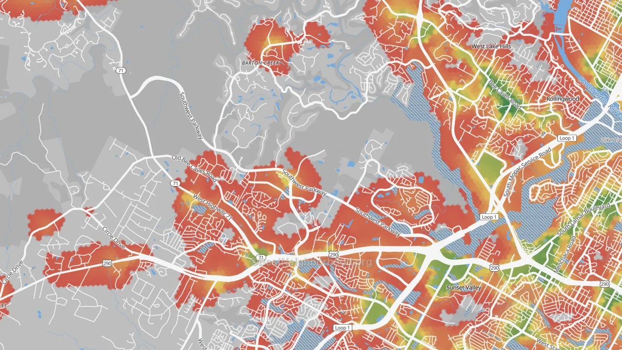 Walk Grade map of 78735, TX, walkable areas in green and car-dependent areas in red