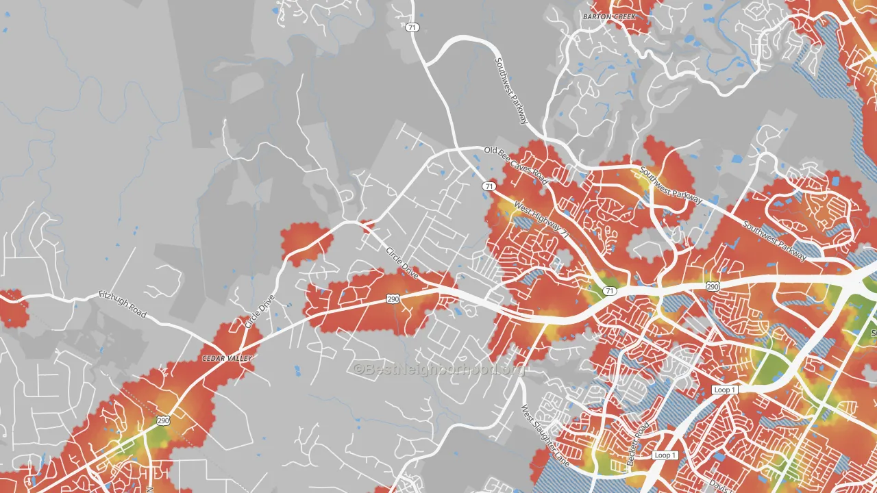Walk Grade map of 78736, TX, walkable areas in green and car-dependent areas in red