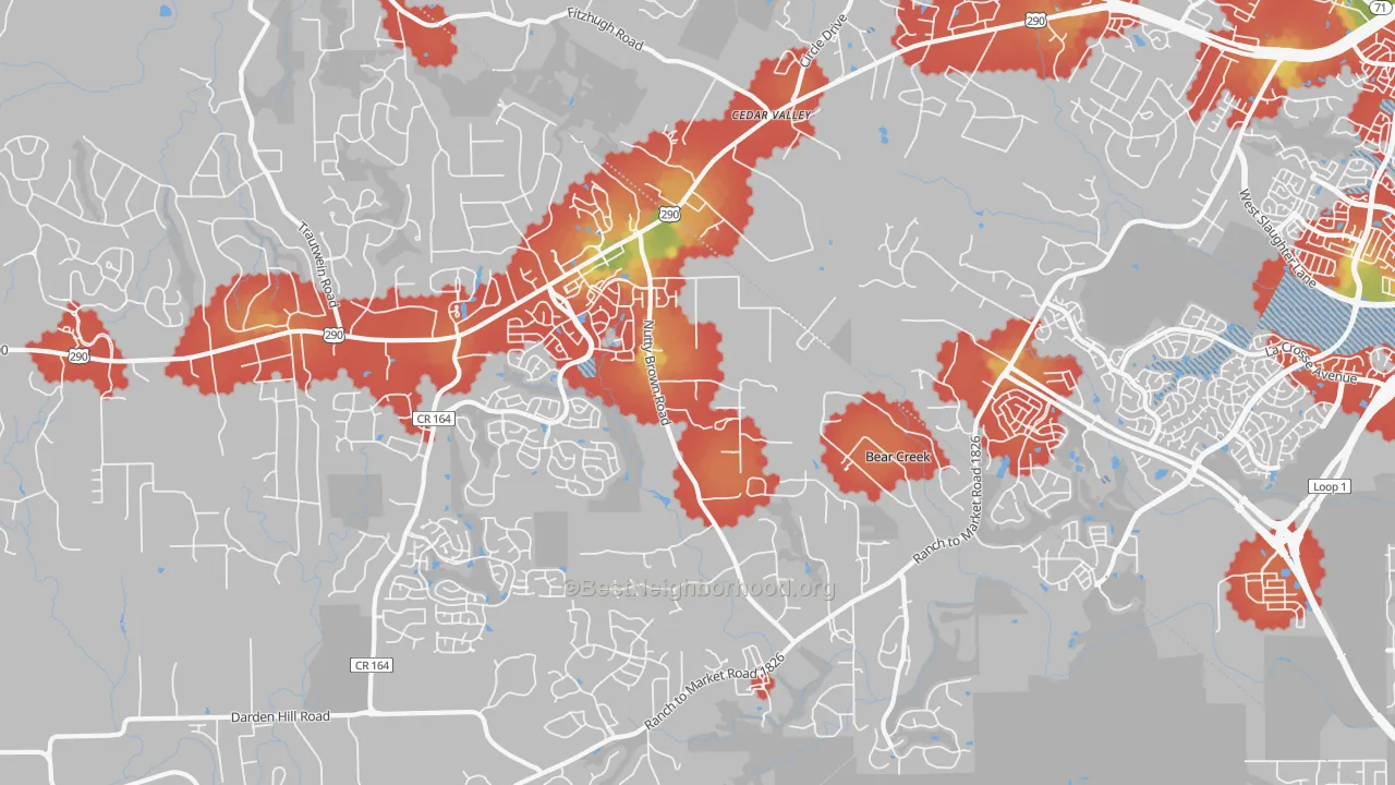 Walk Grade map of 78737, TX, walkable areas in green and car-dependent areas in red